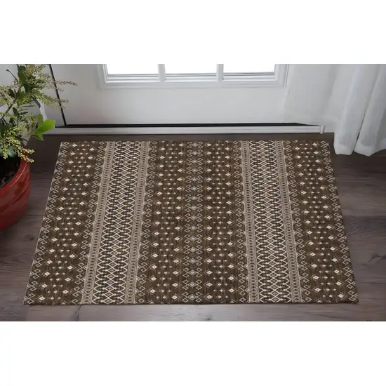 Chocolate And Ivory Tribal Washable Area Rug With UV Protection Photo 2
