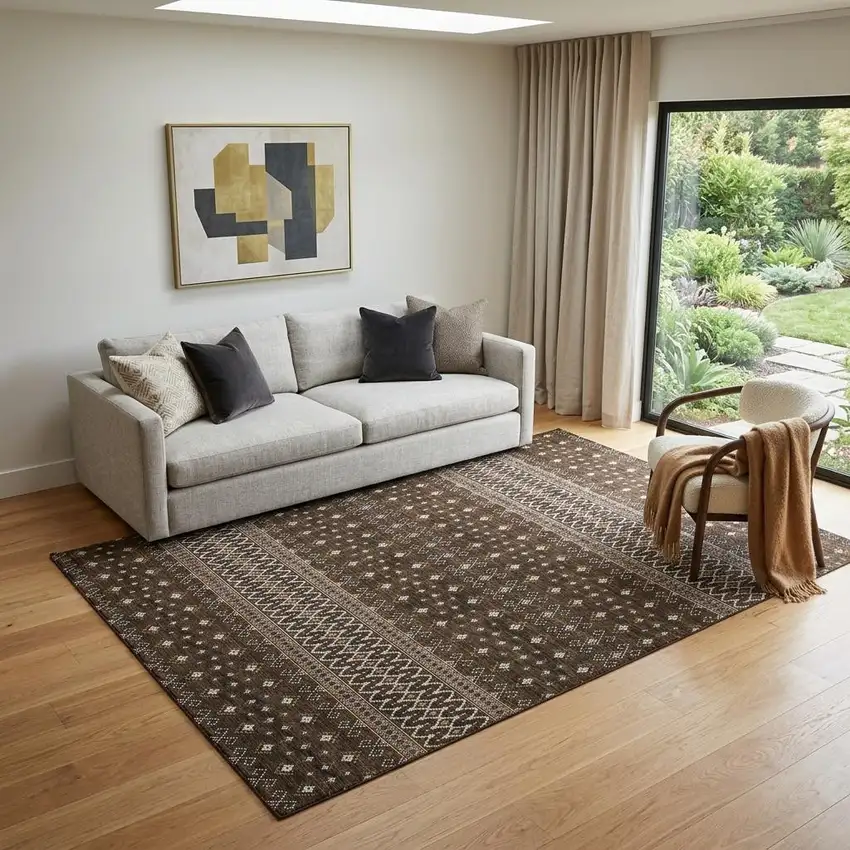 Chocolate And Ivory Tribal Washable Area Rug With UV Protection Photo 1