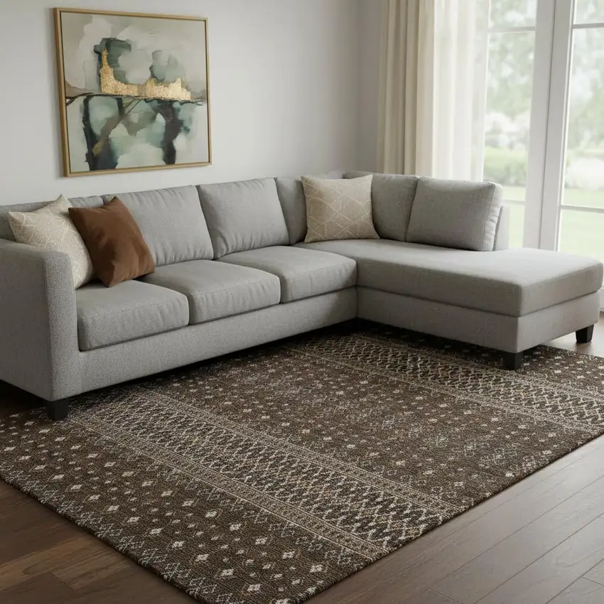 Chocolate And Ivory Tribal Washable Area Rug With UV Protection Photo 1