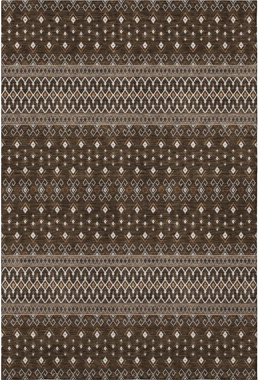 Chocolate And Ivory Tribal Washable Area Rug With UV Protection Photo 4