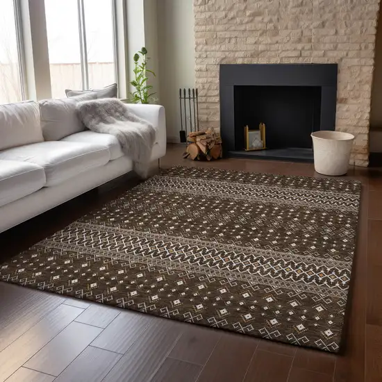 Chocolate And Ivory Tribal Washable Area Rug With UV Protection Photo 4