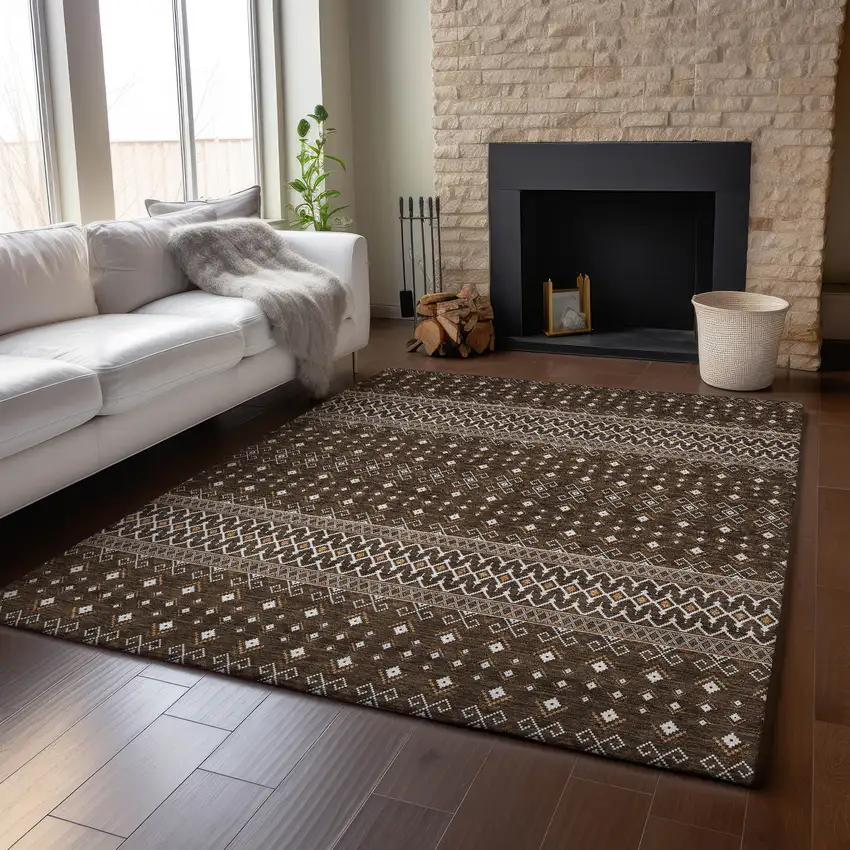 Chocolate And Ivory Tribal Washable Area Rug With UV Protection Photo 4