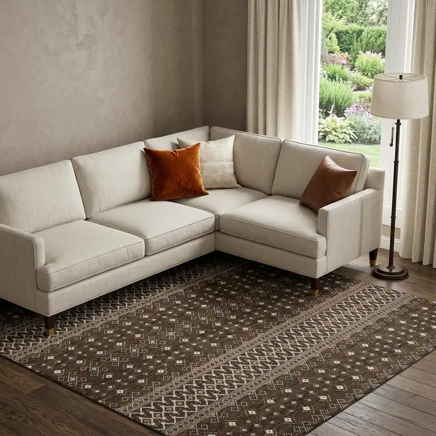 Chocolate And Ivory Tribal Washable Area Rug With UV Protection Photo 1
