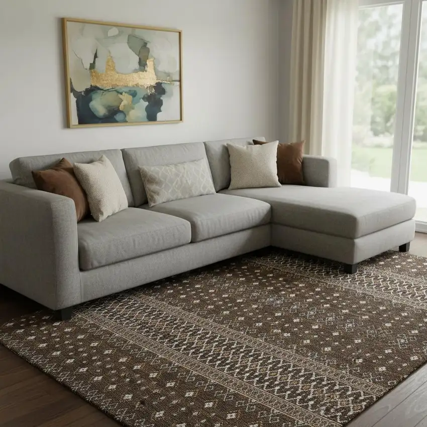 Chocolate And Ivory Tribal Washable Area Rug With UV Protection Photo 6