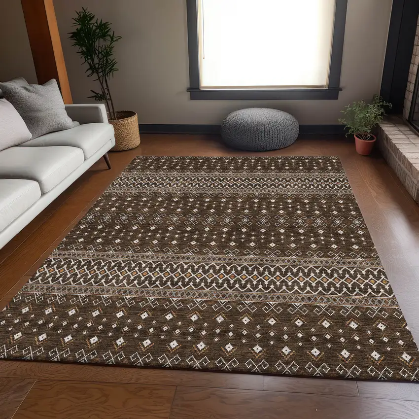 Chocolate And Ivory Tribal Washable Area Rug With UV Protection Photo 5
