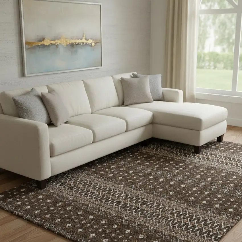 Chocolate And Ivory Tribal Washable Area Rug With UV Protection Photo 1