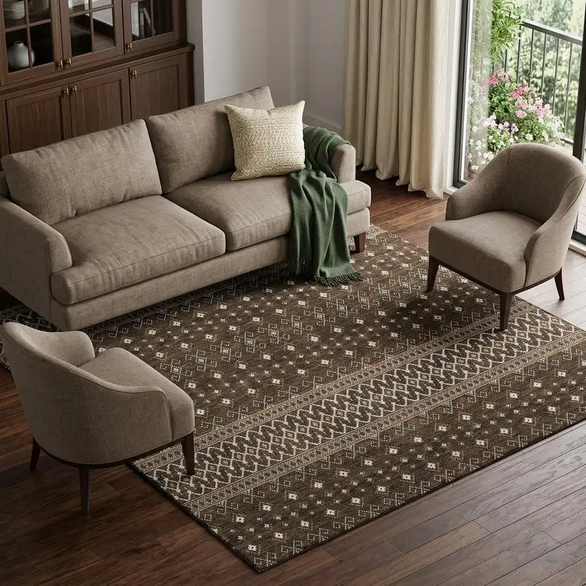 Chocolate And Ivory Tribal Washable Area Rug With UV Protection Photo 1
