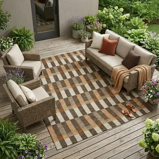 Chocolate And Khaki Geometric Washable Indoor Outdoor Area Rug Photo 1