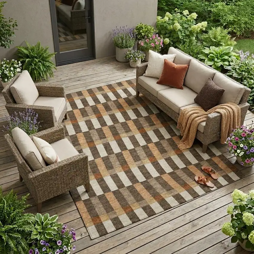 Chocolate And Khaki Geometric Washable Indoor Outdoor Area Rug Photo 1