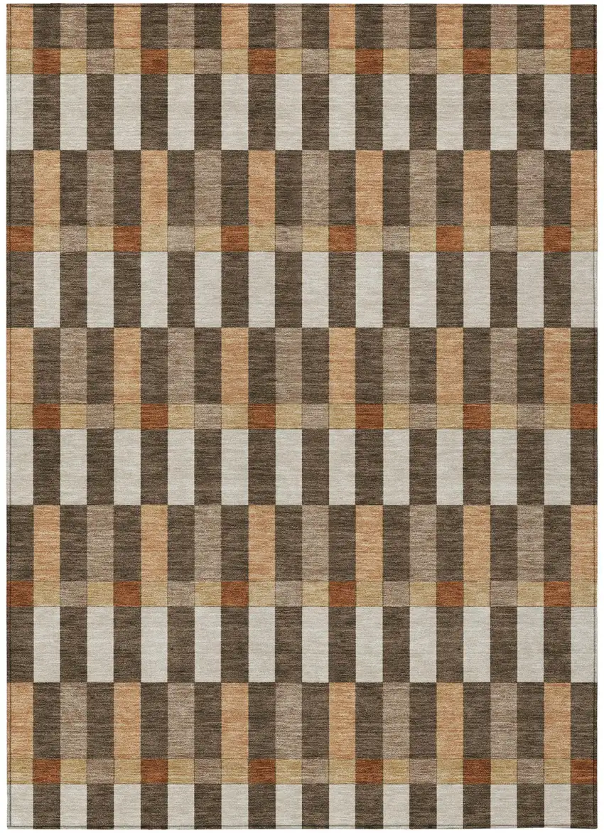 Chocolate And Khaki Geometric Washable Indoor Outdoor Area Rug Photo 2