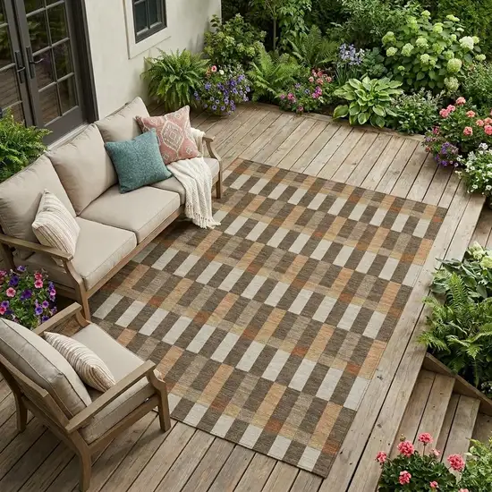Chocolate And Khaki Geometric Washable Indoor Outdoor Area Rug Photo 1