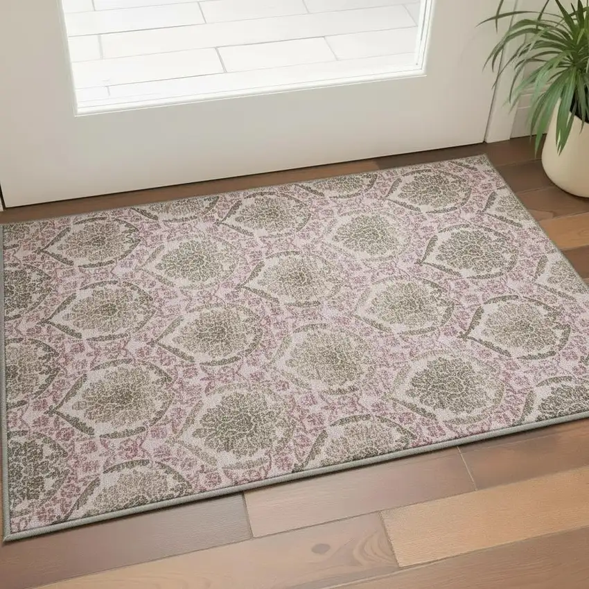 Chocolate And Mauve Medallion Washable Area Rug With UV Protection Photo 2