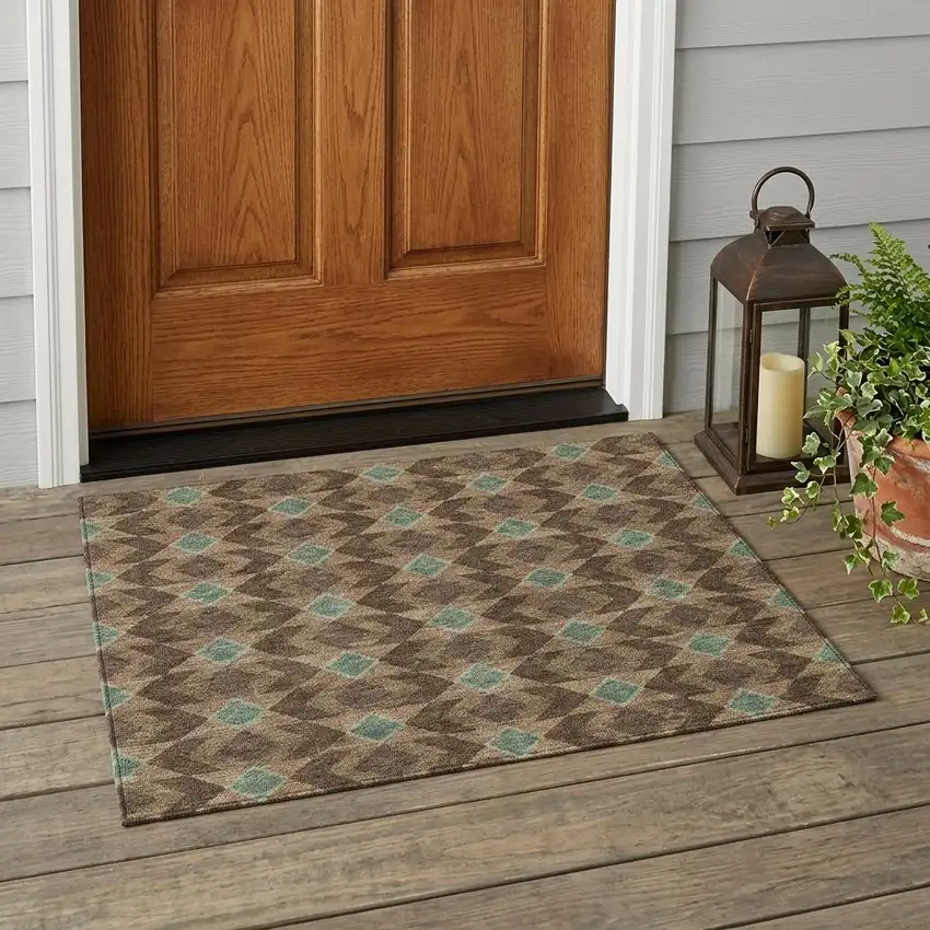 Chocolate And Navy Blue Geometric Washable Indoor Outdoor Area Rug Photo 1