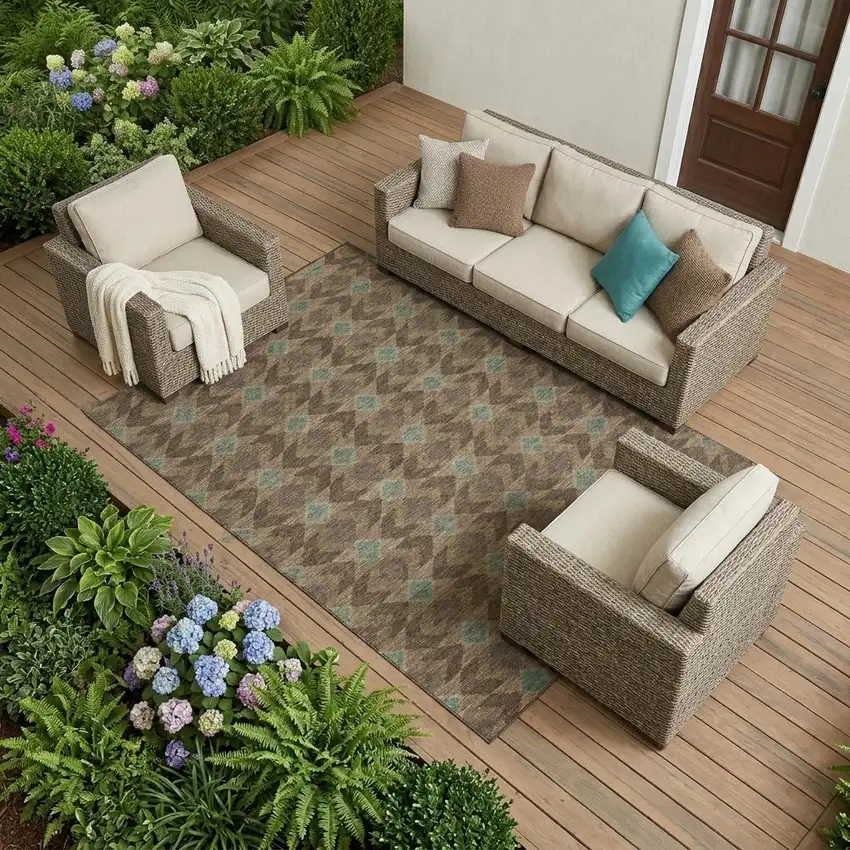 Chocolate And Navy Blue Geometric Washable Indoor Outdoor Area Rug Photo 1