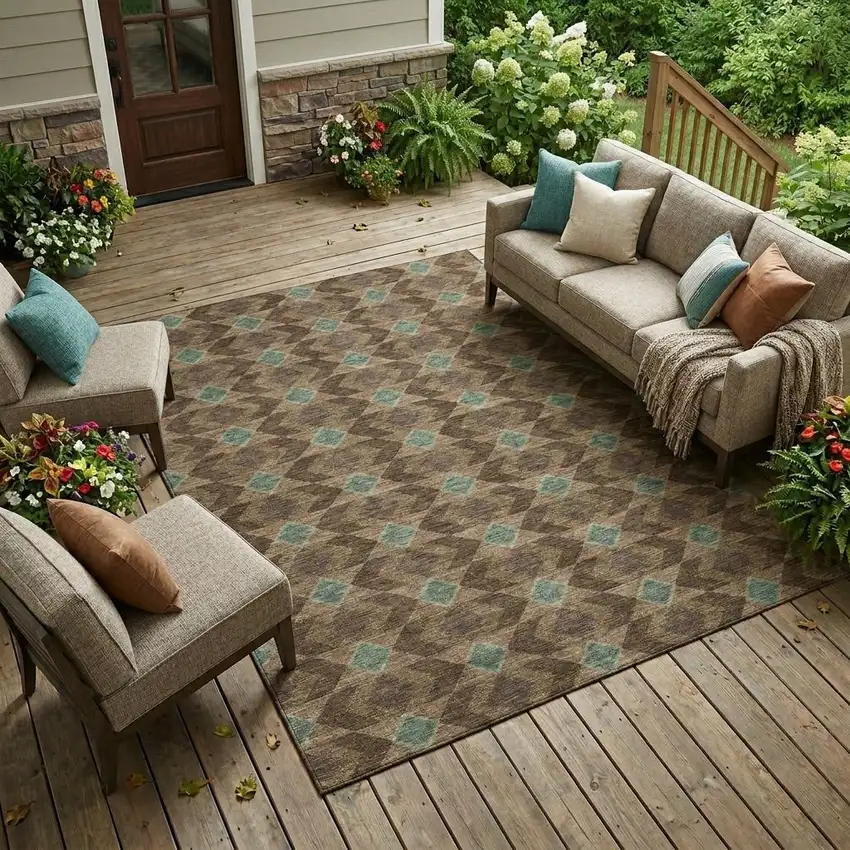 Chocolate And Navy Blue Geometric Washable Indoor Outdoor Area Rug Photo 1