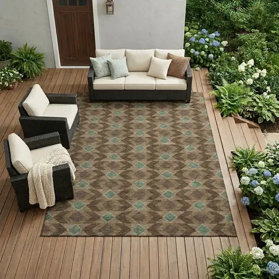 Chocolate And Navy Blue Geometric Washable Indoor Outdoor Area Rug Photo 1