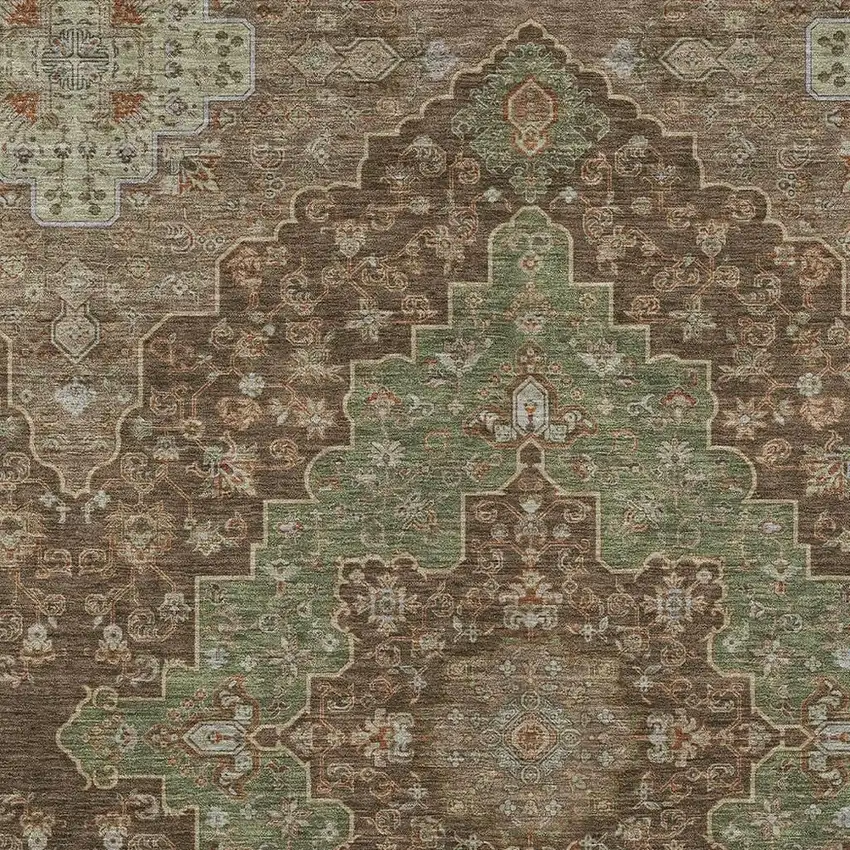Chocolate And Olive Green Medallion Washable Indoor Outdoor Area Rug Photo 3