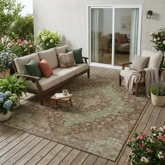Chocolate And Olive Green Medallion Washable Indoor Outdoor Area Rug Photo 1