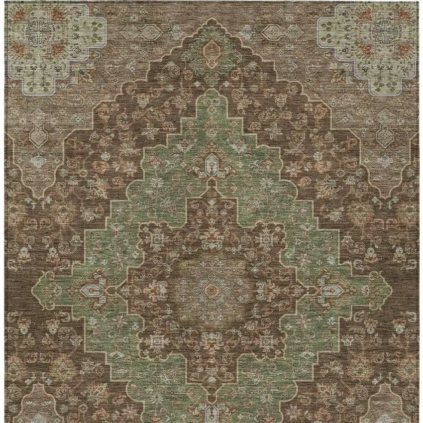 Chocolate And Olive Green Medallion Washable Indoor Outdoor Area Rug Photo 4