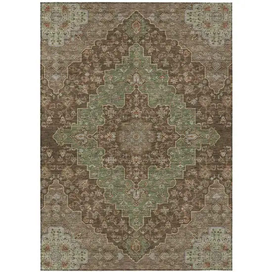 Chocolate And Olive Green Medallion Washable Indoor Outdoor Area Rug Photo 2