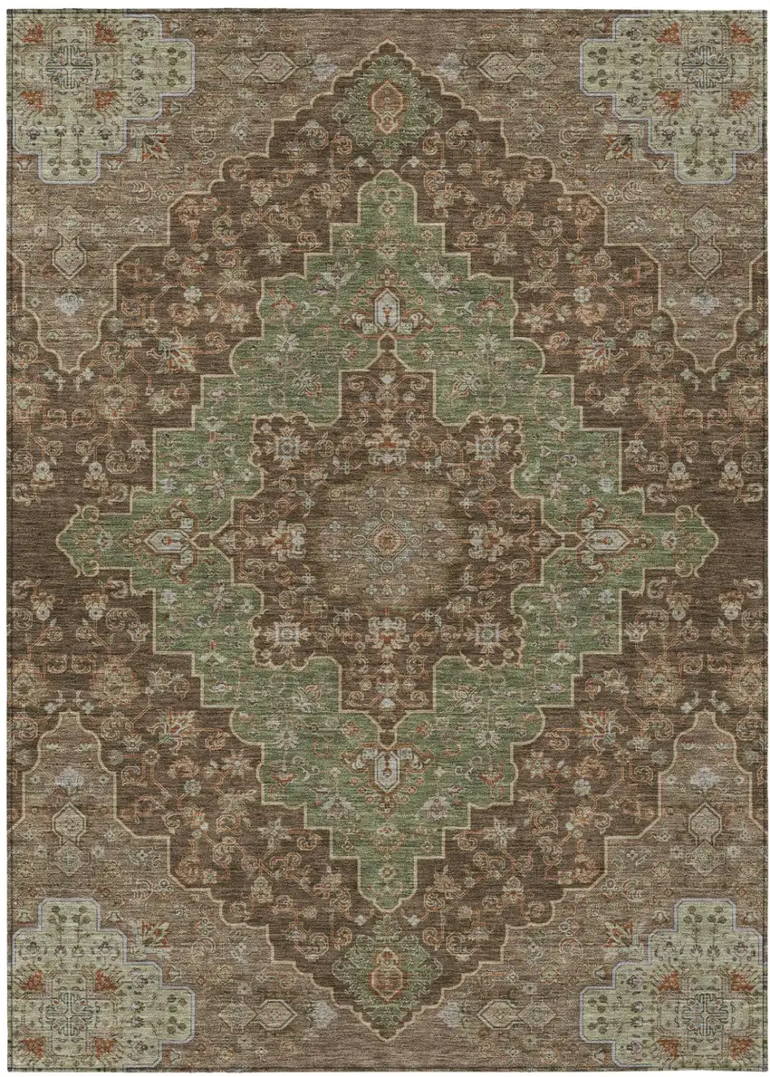 Chocolate And Olive Green Medallion Washable Indoor Outdoor Area Rug Photo 2