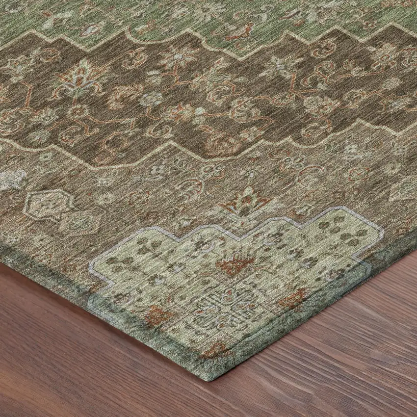 Chocolate And Olive Green Medallion Washable Indoor Outdoor Area Rug Photo 5