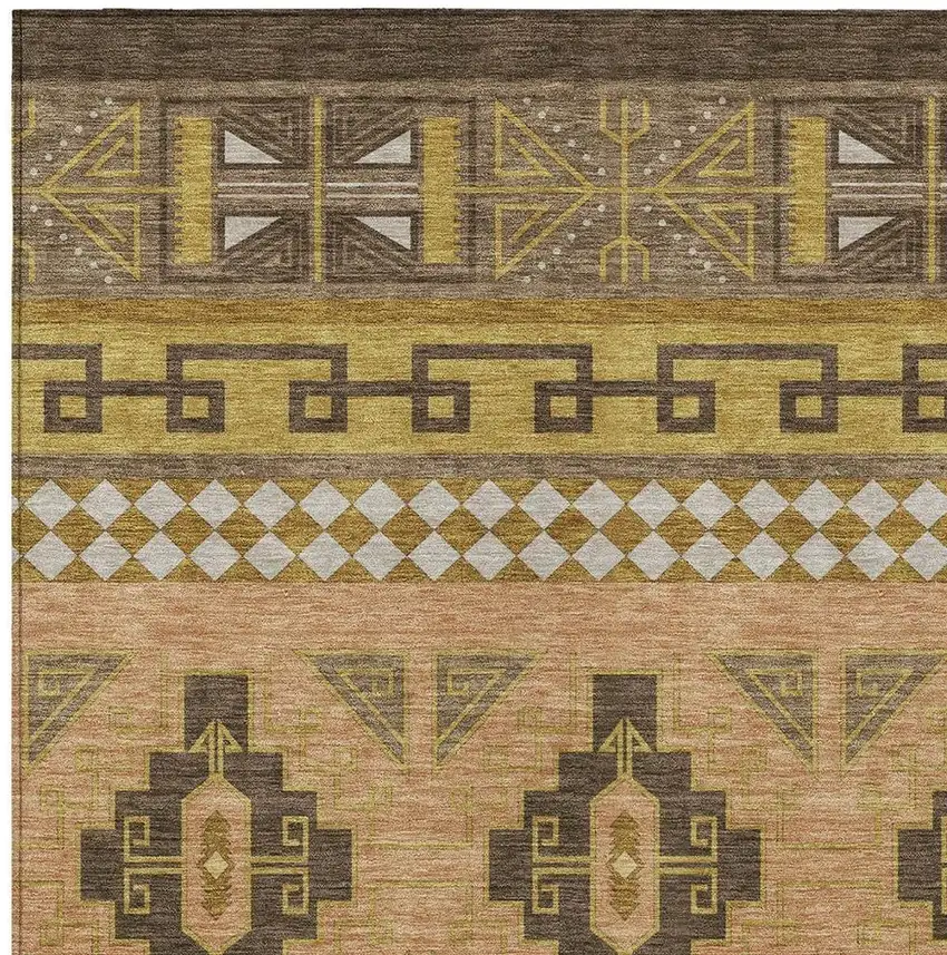 Chocolate And Olive Green Tribal Washable Indoor Outdoor Area Rug Photo 4