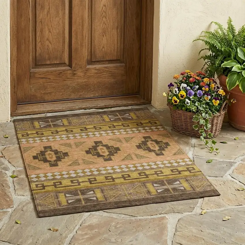 Chocolate And Olive Green Tribal Washable Indoor Outdoor Area Rug Photo 1
