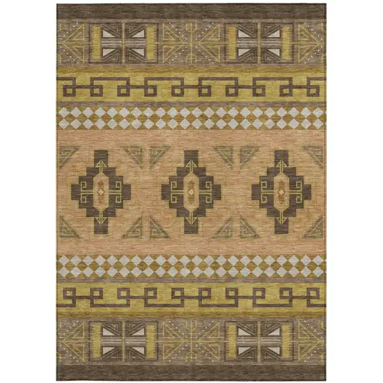 Chocolate And Olive Green Tribal Washable Indoor Outdoor Area Rug Photo 3