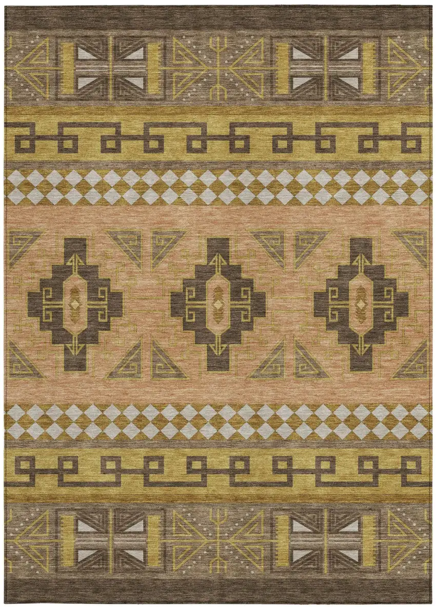 Chocolate And Olive Green Tribal Washable Indoor Outdoor Area Rug Photo 3