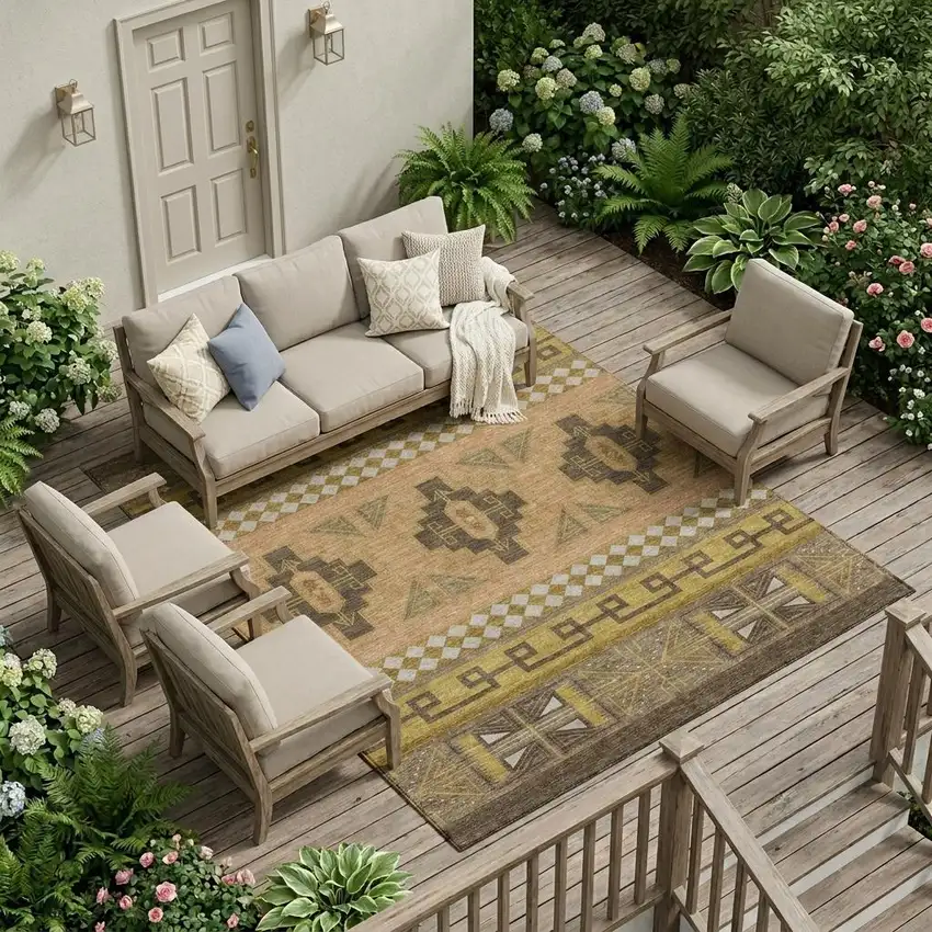 Chocolate And Olive Green Tribal Washable Indoor Outdoor Area Rug Photo 1