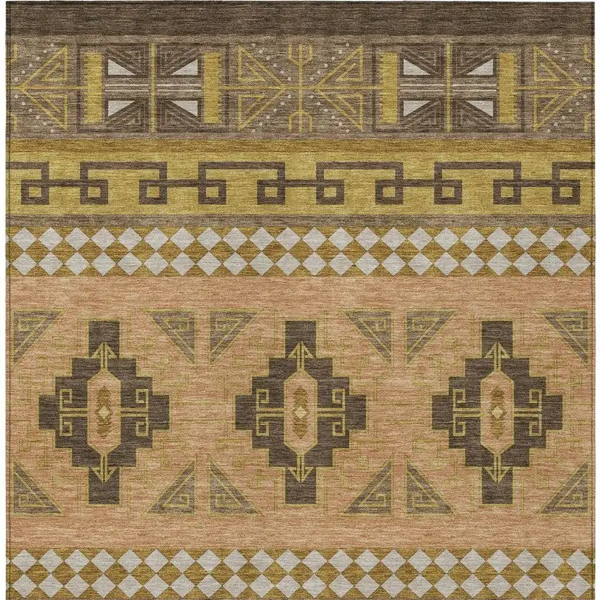 Chocolate And Olive Green Tribal Washable Indoor Outdoor Area Rug Photo 4