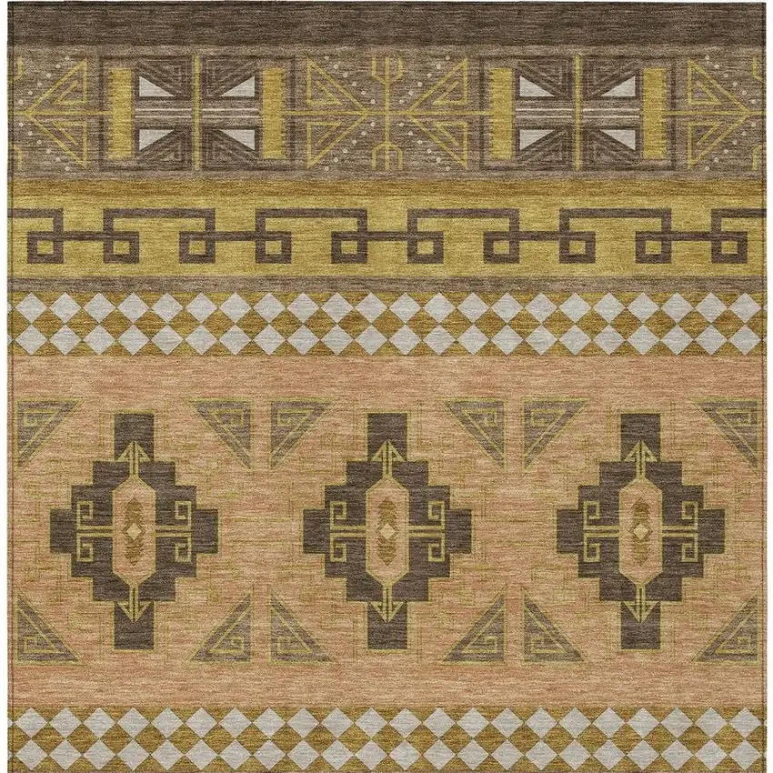 Chocolate And Olive Green Tribal Washable Indoor Outdoor Area Rug Photo 6
