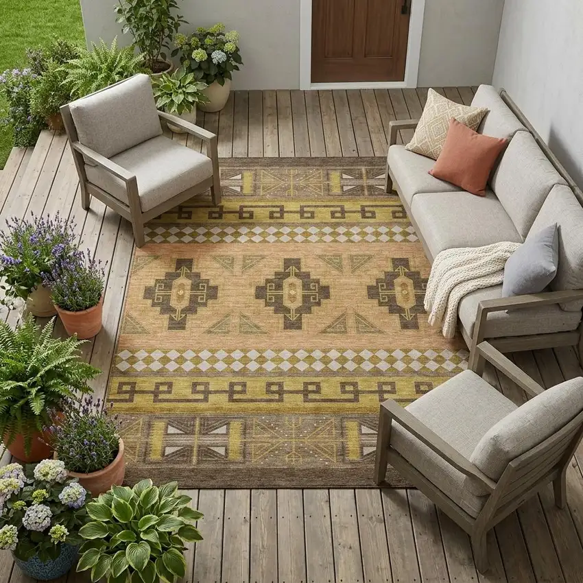 Chocolate And Olive Green Tribal Washable Indoor Outdoor Area Rug Photo 1