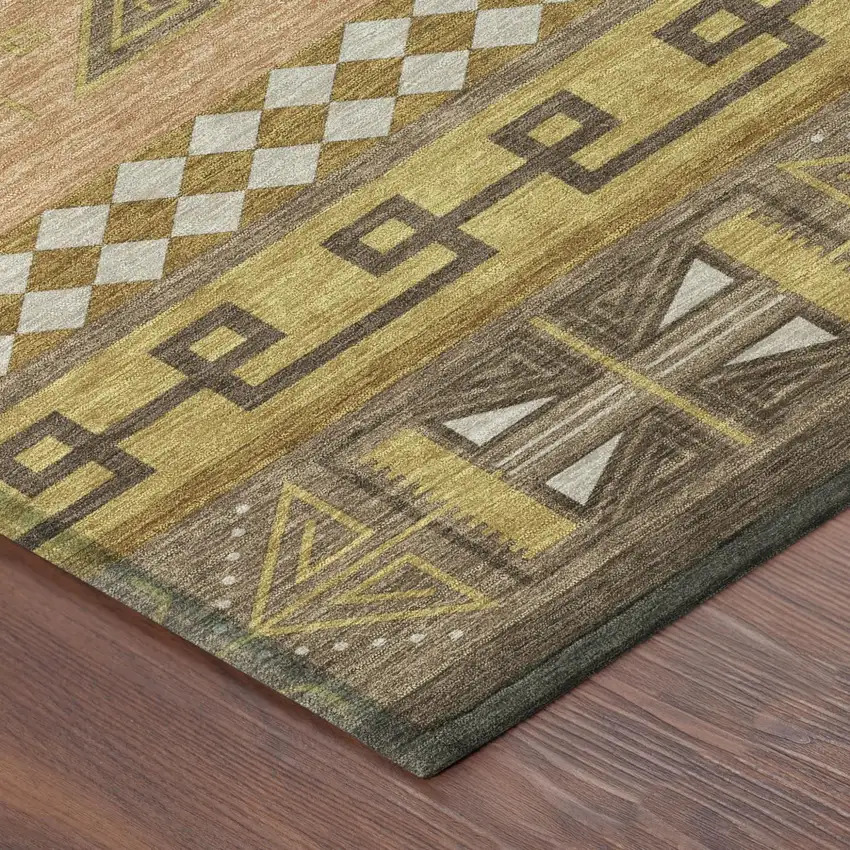 Chocolate And Olive Green Tribal Washable Indoor Outdoor Area Rug Photo 7