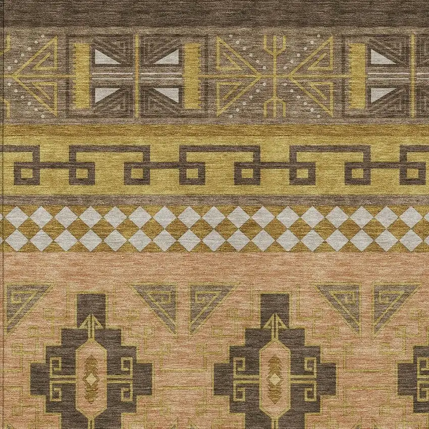 Chocolate And Olive Green Tribal Washable Indoor Outdoor Area Rug Photo 3