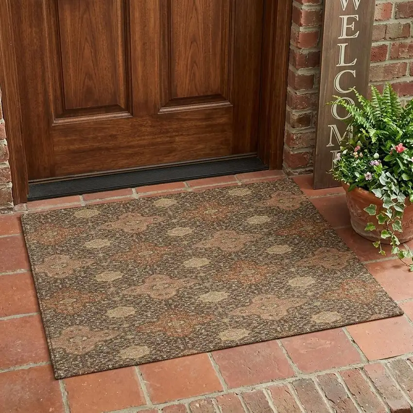 Chocolate And Orange Damask Washable Indoor Outdoor Area Rug Photo 1