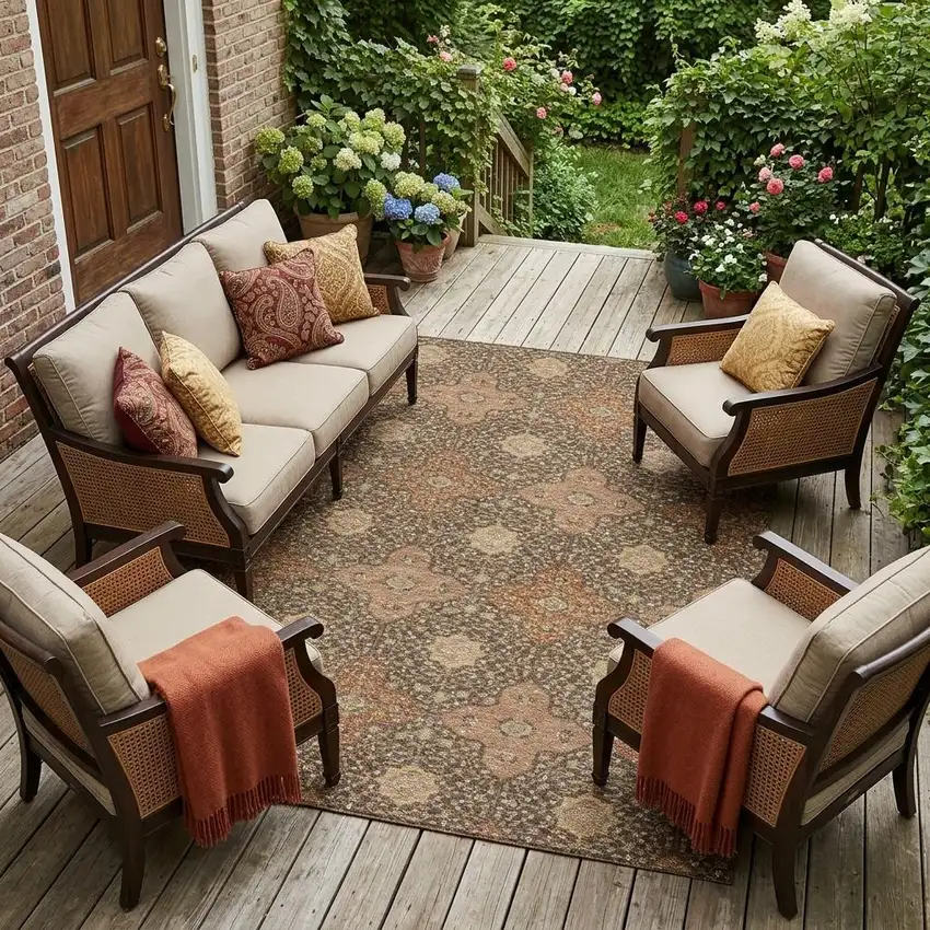 Chocolate And Orange Damask Washable Indoor Outdoor Area Rug Photo 1