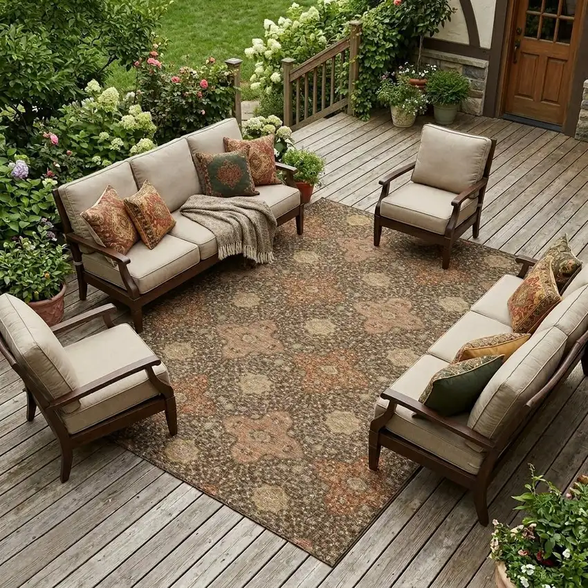 Chocolate And Orange Damask Washable Indoor Outdoor Area Rug Photo 1