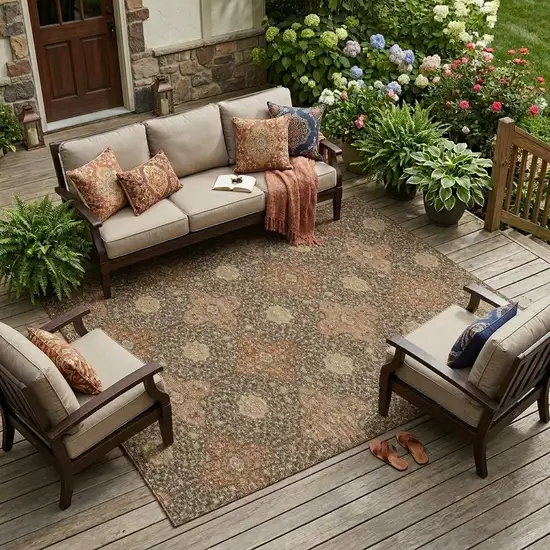 Chocolate And Orange Damask Washable Indoor Outdoor Area Rug Photo 1