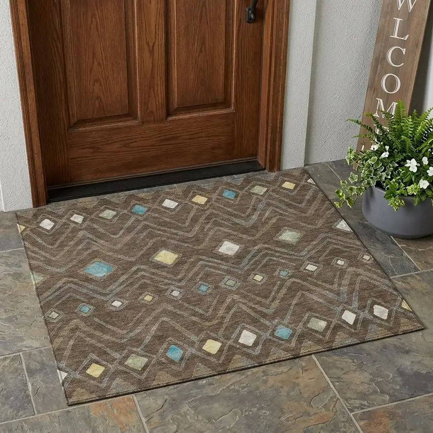 Chocolate And Orange Geometric Washable Indoor Outdoor Area Rug Photo 1