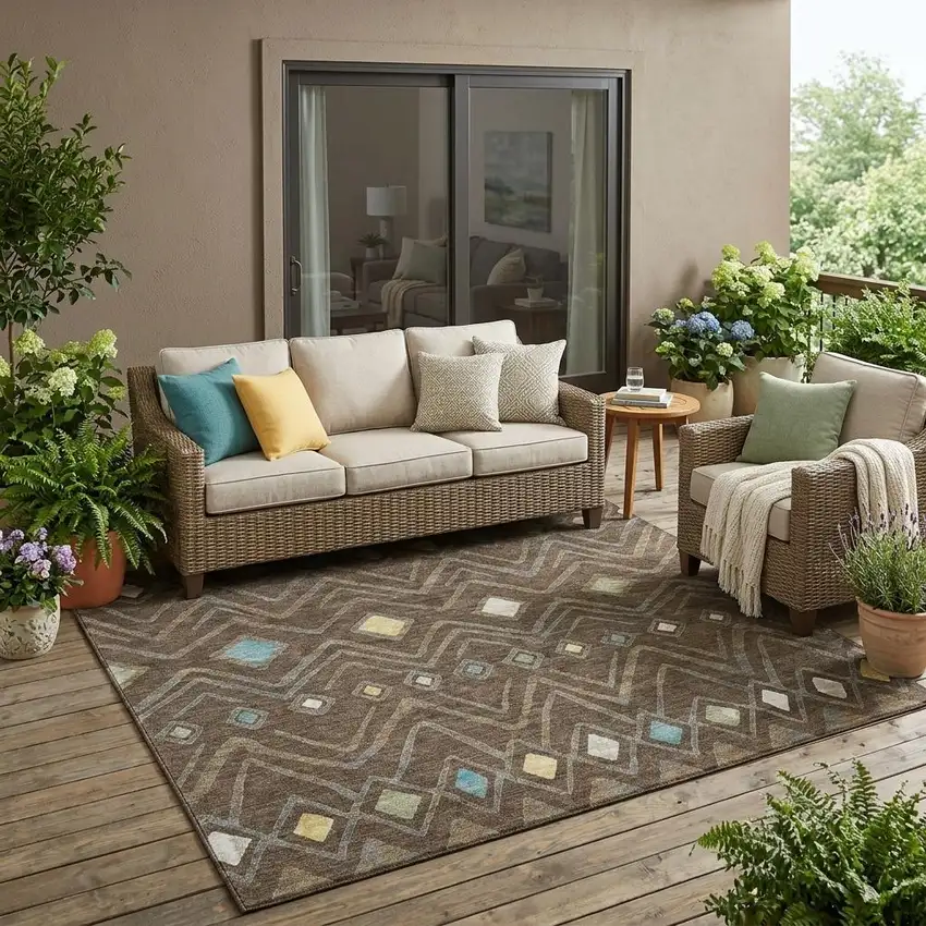 Chocolate And Orange Geometric Washable Indoor Outdoor Area Rug Photo 1