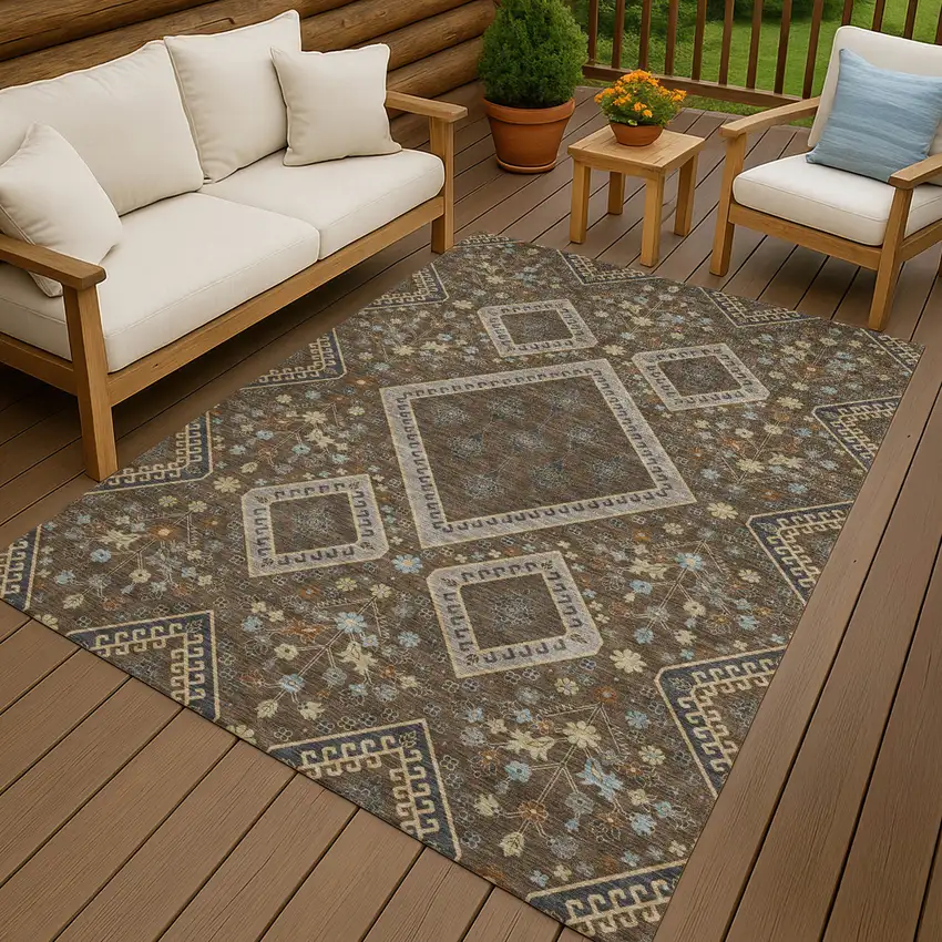 Chocolate And Orange Medallion Washable Indoor Outdoor Area Rug Photo 4