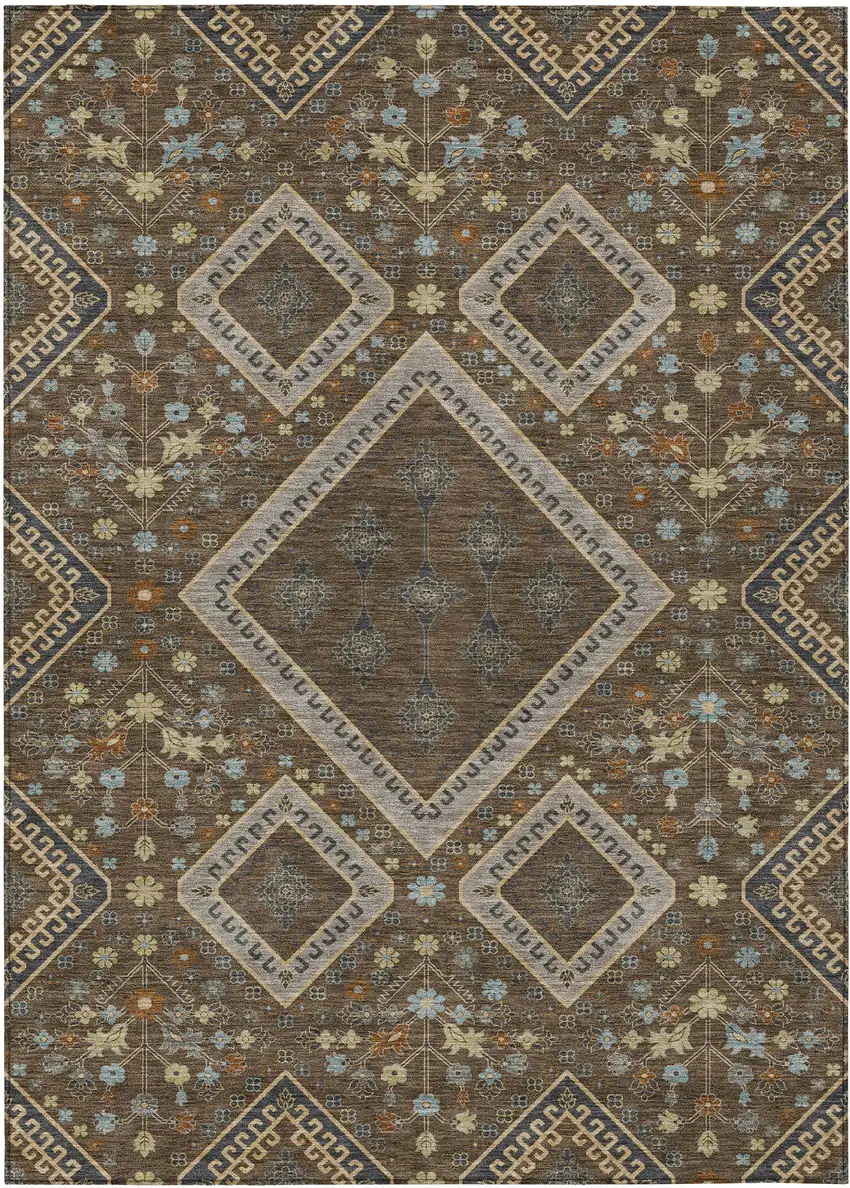 Chocolate And Orange Medallion Washable Indoor Outdoor Area Rug Photo 1