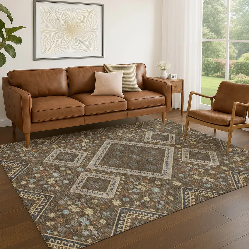 Chocolate And Orange Medallion Washable Indoor Outdoor Area Rug Photo 5