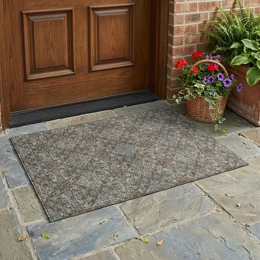 Chocolate And Pearl Oriental Washable Indoor Outdoor Area Rug Photo 1