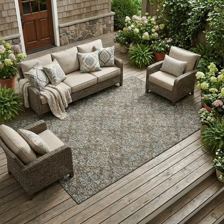 Chocolate And Pearl Oriental Washable Indoor Outdoor Area Rug Photo 1