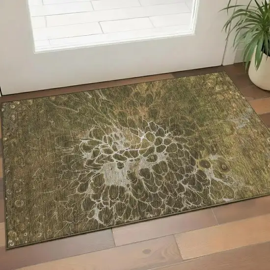 Chocolate And Silver Abstract Washable Area Rug With UV Protection Photo 1