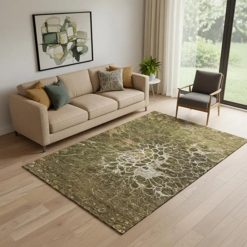 Chocolate And Silver Abstract Washable Area Rug With UV Protection Photo 1