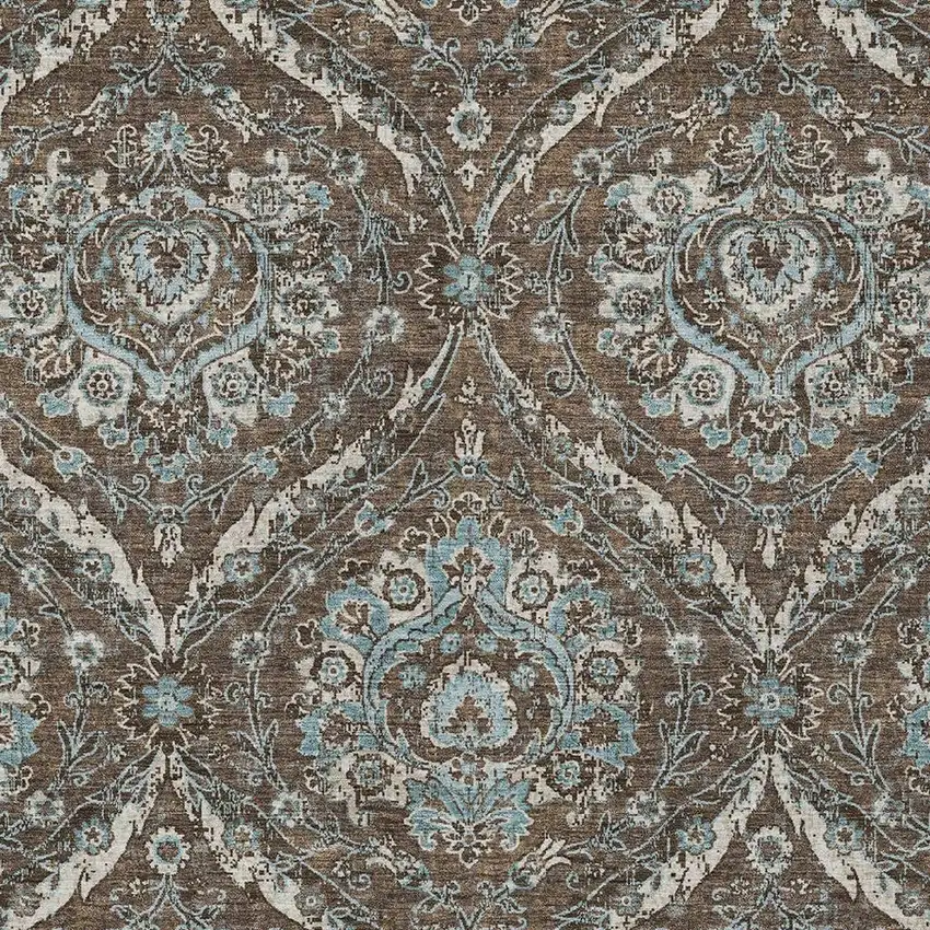 Chocolate And Silver Floral Washable Indoor Outdoor Area Rug Photo 3